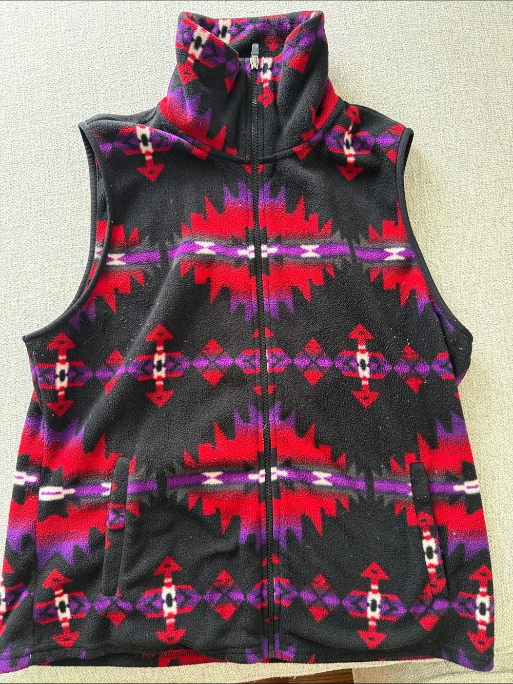 Ralph Lauren Black Fleece Vest with Red & Purple Aztec Print